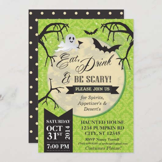 Eet, Drink & Wees eng Halloween Invite - Groen Kaart (Voorkant / Achterkant)
