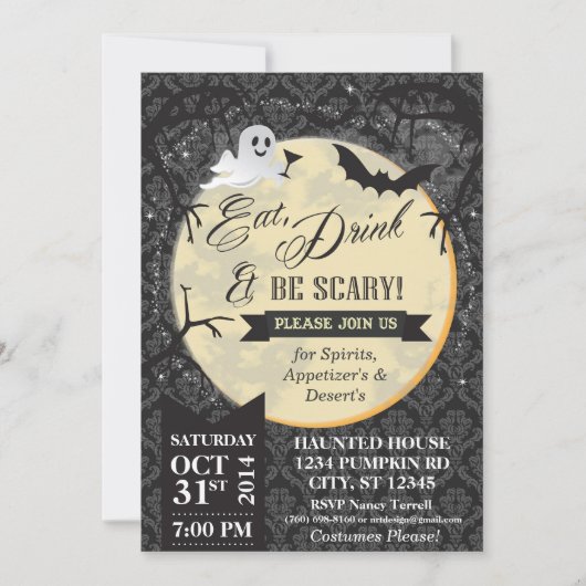 Eet, Drink & Wees eng Halloween Invite - Zwart Kaart (Voorkant)