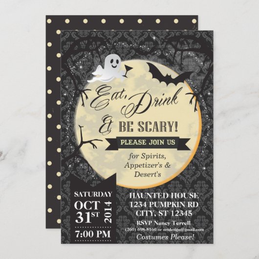 Eet, Drink & Wees eng Halloween Invite - Zwart Kaart (Voorkant / Achterkant)