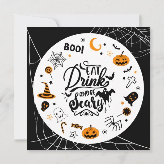 "Eet, Drink, & Wees eng" Halloween Party Kaart (Achterkant)
