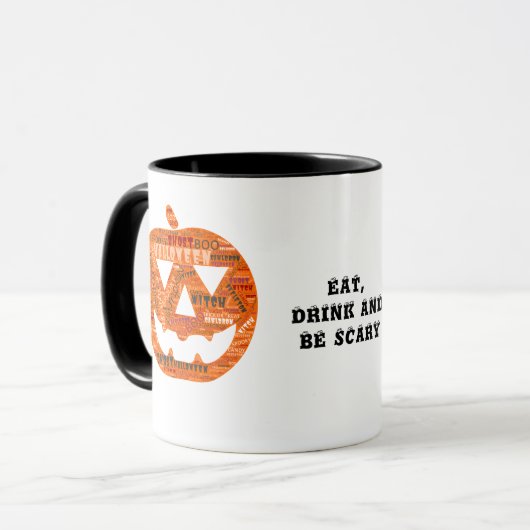 Eet Drink Wees eng Halloween pompoen woord cloud Mok (Voorkant links)