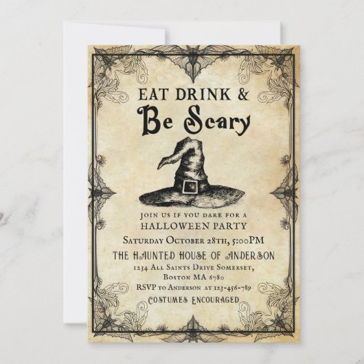 Eet Drink & Wees Enge Volwassen Halloween Party Go Kaart (Voorkant)