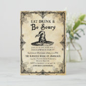 Eet Drink & Wees Enge Volwassen Halloween Party Go Kaart (Staand voorkant)