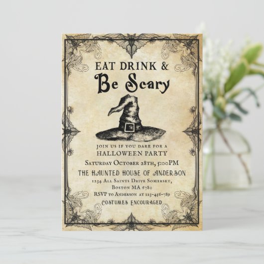 Eet Drink & Wees Enge Volwassen Halloween Party Go Kaart (Staand voorkant)