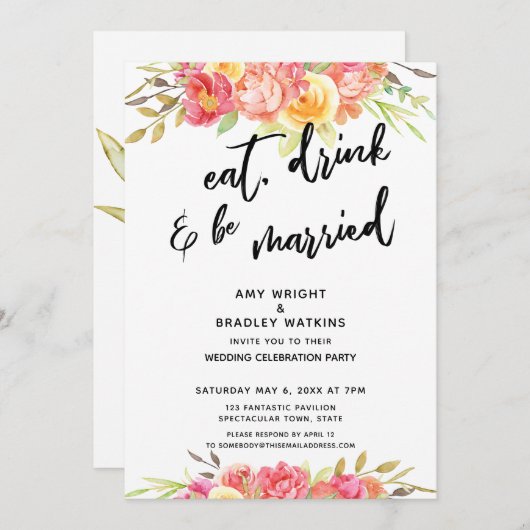 Eet, Drink & Wees Getrouwd Bloemige Bruiloftsrecep Kaart (Voorkant / Achterkant)