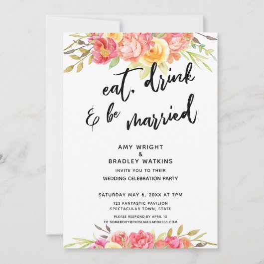 Eet, Drink & Wees Getrouwd Bloemige Huwelijksrecep Kaart (Voorkant)