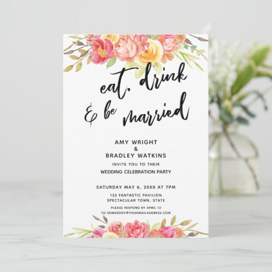 Eet, Drink & Wees Getrouwd Bloemige Huwelijksrecep Kaart (Staand voorkant)