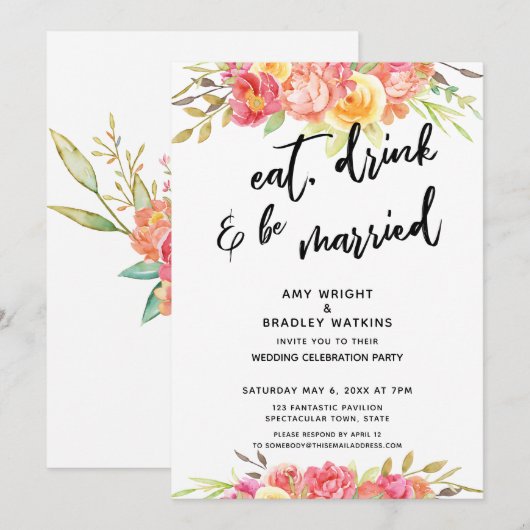 Eet, Drink & Wees Getrouwd Bloemige Huwelijksrecep Kaart (Voorkant / Achterkant)