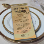 Eet Drink & Wees getrouwd Tan Retro Swirls Bruilof Menu<br><div class="desc">Dit schattige menu zal wat plezier en stijl toevoegen aan uw bruiloft receptie. Het heeft een retro wervelingen ontwerp in neutrale aardetoon tinten van tan, taupe, en salie groen. Het woord art titel luidt: Eet Drink en wees getrouwd! Er is ruimte voor de namen van het paar en de trouwdatum,...</div>