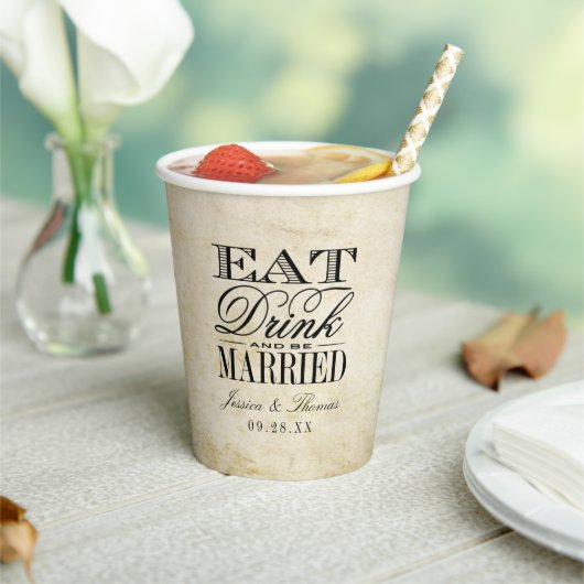 Eet, drink & wees getrouwd! Vintage bruiloft Papieren Bekers (Insitu)