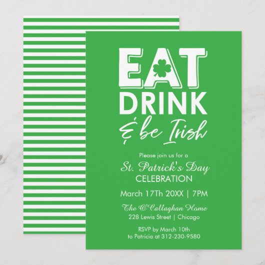 Eet, Drink & Wees Iers Modern St. Patrick's Day Kaart (Voorkant / Achterkant)