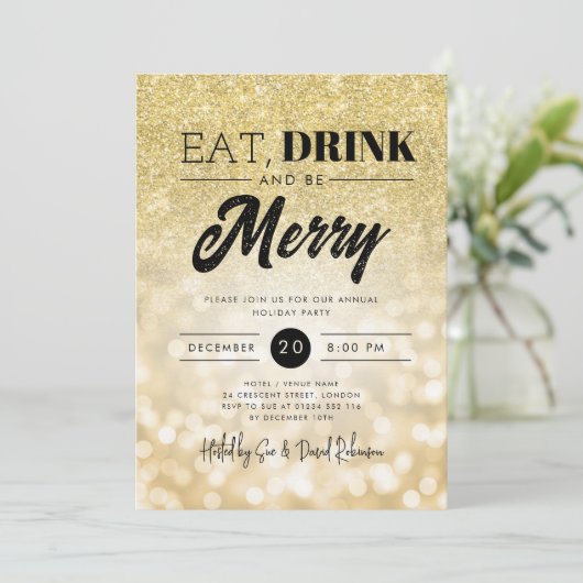 Eet, Drink Wees vrolijk Gold Bokeh Holiday Xmas Kaart (Staand voorkant)