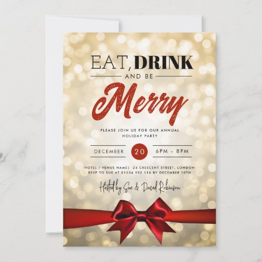 Eet, Drink Wees vrolijk Gold Bokeh Vakantie Xmas B Kaart (Voorkant)