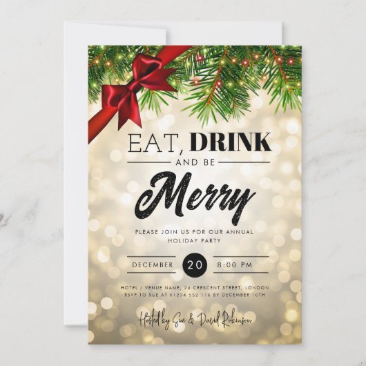 Eet, Drink Wees vrolijk Gold Pine Lights Vakantie Kaart (Voorkant)