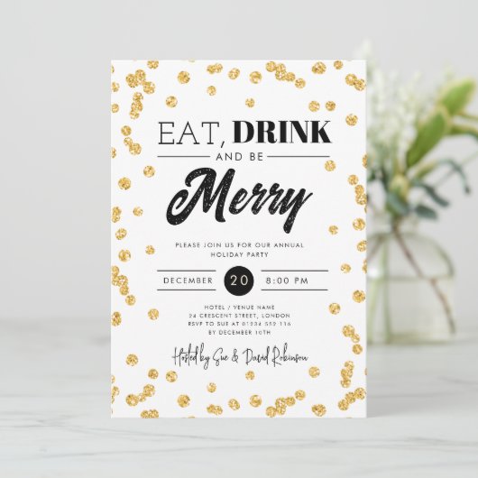 Eet, Drink Wees vrolijk Gouden Glitter Vakantie Xm Kaart (Staand voorkant)