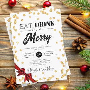 Eet, Drink Wees vrolijk Gouden Glitter Xmas Lint Kaart