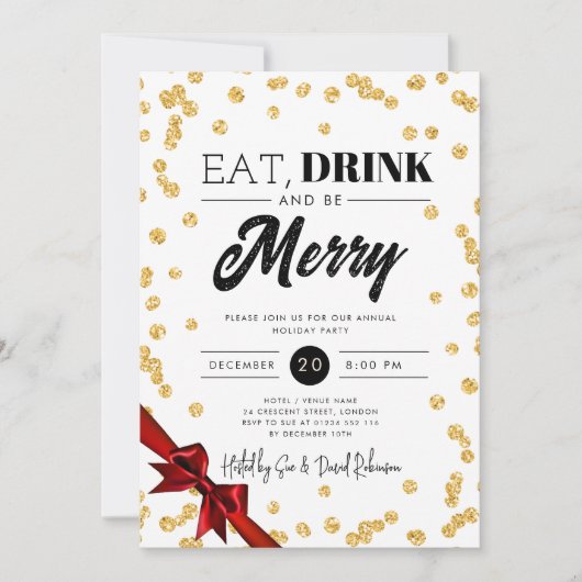 Eet, Drink Wees vrolijk Gouden Glitter Xmas Lint Kaart (Voorkant)