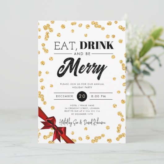 Eet, Drink Wees vrolijk Gouden Glitter Xmas Lint Kaart (Staand voorkant)