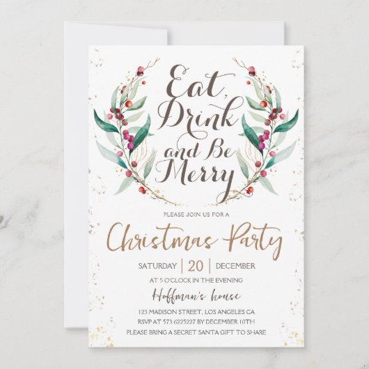 Eet Drink & wees vrolijk | Gouden krans Kerstfeest Kaart (Voorkant)