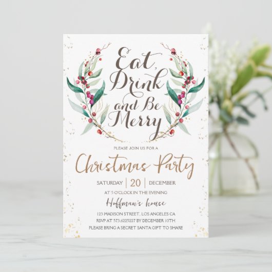 Eet Drink & wees vrolijk | Gouden krans Kerstfeest Kaart (Staand voorkant)