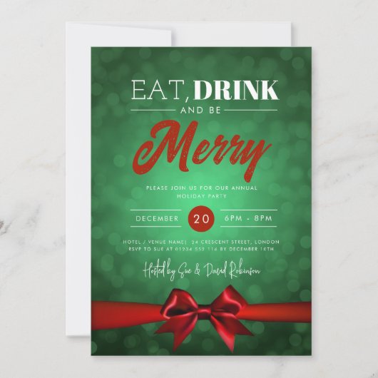 Eet, Drink Wees vrolijk Groene Bokeh Vakantie Red  Kaart (Voorkant)