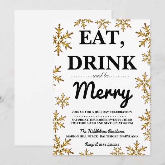 Eet Drink Wees vrolijk Kerstfeest Gouden Sneeuwvlo Kaart (Voorkant / Achterkant)