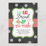 Eet, Drink, wees vrolijk kerstfeest Kaart<br><div class="desc">Dit is een leuke en feestelijke uitnodiging voor Kerstmis. Nodig je vrienden uit om te eten,  te Drinken en Merry te zijn en vier het vakantieseizoen met deze uitnodiging. Ontwerpfuncties zijn onder meer een krijtbordachtergrond,  griezelige sneeuwvlokken,  een kerstkookplaat en een feestelijke cocktaildrink met een snoepriet.</div>