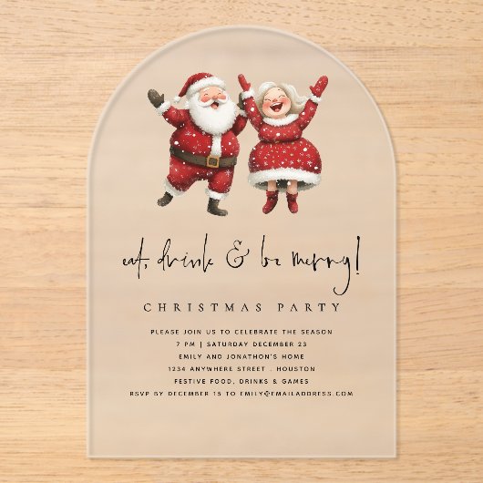 Eet Drink Wees vrolijk Kerstman Mevrouw Claus Kers Acryl Uitnodigingen (Voorkant)