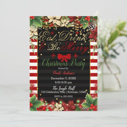 Eet Drink Wees Vrolijk Rode Boog Kerst Vakantie Fe Kaart (Staand voorkant)