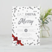 Eet, Drink Wees vrolijk Zilveren Glitter Xmas Ribb Kaart (Staand voorkant)