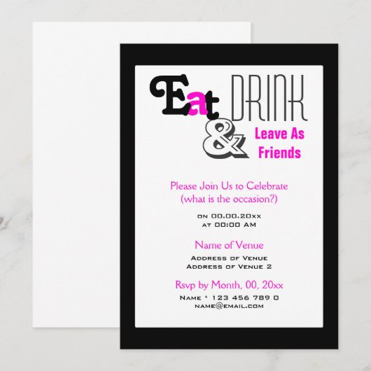Eet, drink "weggaan als vrienden" roze zwart kaart (Voorkant / Achterkant)