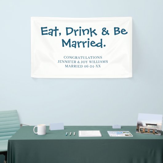 Eet Drink worden getrouwd Modern Navy Blue bruilof Spandoek (Beurs)
