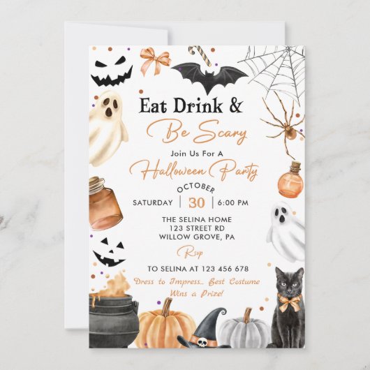 Eet Drinken & Wees eng Halloween Party Pompoen Kaart (Voorkant)