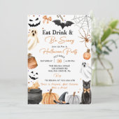 Eet Drinken & Wees eng Halloween Party Pompoen Kaart (Staand voorkant)