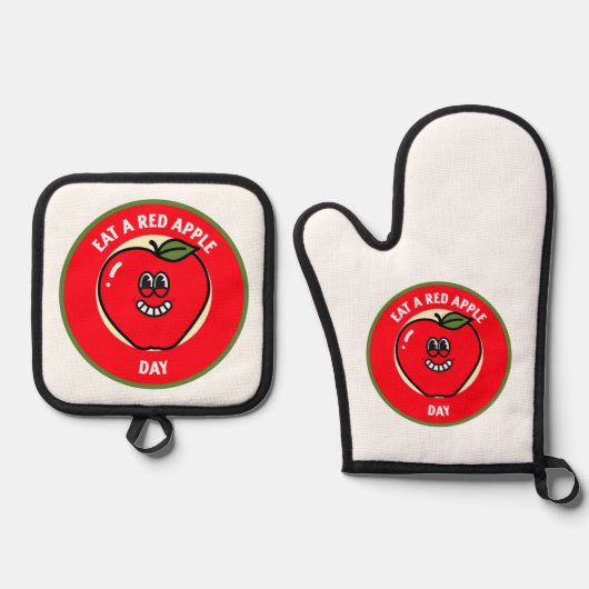 Eet een rode appeldag ovenwant & pannenlap set (Voorkant)