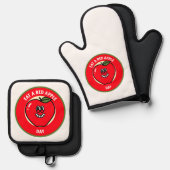 Eet een rode appeldag ovenwant & pannenlap set (Voorkant / Achterkant)