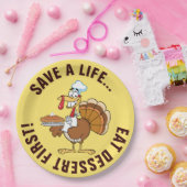 Eet eerst dessert! Thanksgiving Turkije Cartoon Papieren Bordje (Feest)