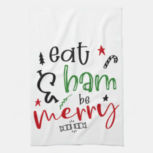 Eet Ham en wees Merry Bright Funny Christmas Theedoek