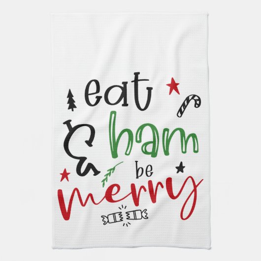 Eet Ham en wees Merry Bright Funny Christmas Theedoek (Verticaal)