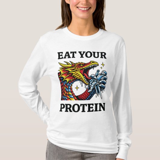 Eet Je Eiwitten – Epische Draak Eet Ridder T-shirt (Voorkant)