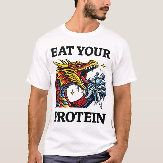 Eet Je Eiwitten – Epische Draak Eet Ridder T-shirt (Voorkant)