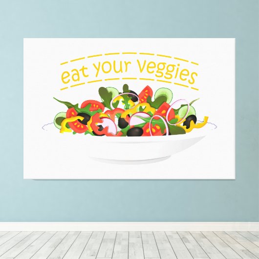 Eet je groenten Quote verse salade mix kom Canvas Afdruk (Insitu (Houten vloer))