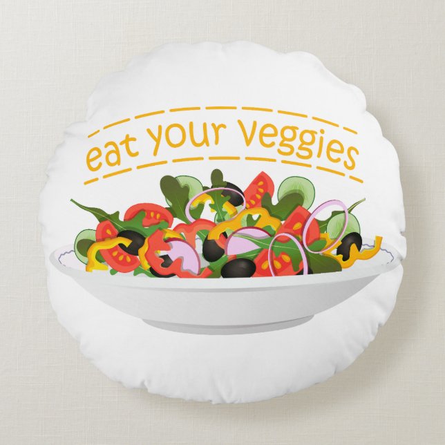 Eet je groenten Quote verse salade mix kom Rond Kussen (Voorkant)