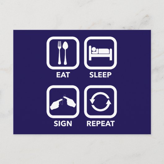 Eet. Slaap. Bordjee. Herhaal. ASL-briefkaart. Briefkaart (Voorkant)