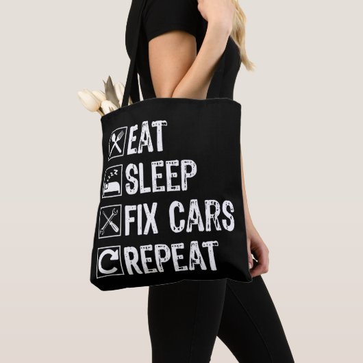Eet slaap fix auto's herhalen grappige monteur vad tote bag (Dichtbij)