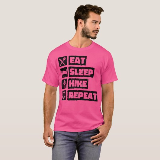 Eet slaap Hike Herhaal. Grappig wandelen T-shirt (Voorkant volledig)
