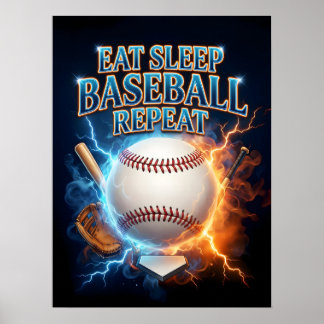 Eet Slaap Honkbal Retro Poster