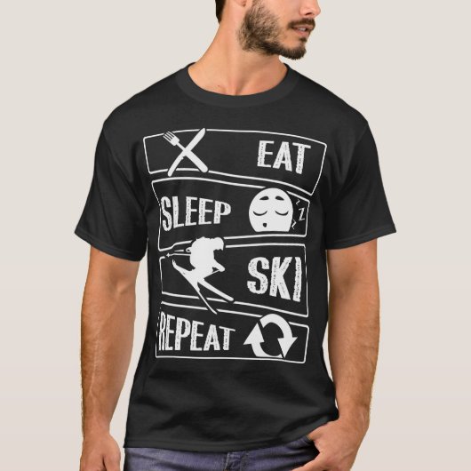 Eet Slaap Skiën Herhaal Skiën Grappig skiën T-shirt (Voorkant)