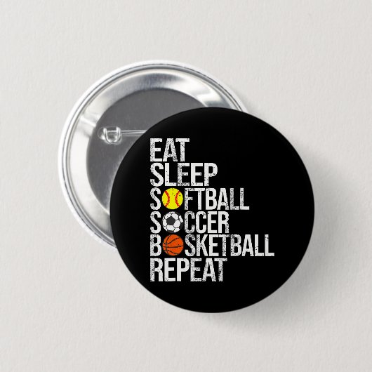 Eet Slaap Softbal Voetbal Basketbal Herhaal Grappi Ronde Button 5,7 Cm (Voorkant /achterkant)