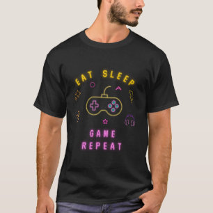 Eet slaap spel herhalen Neon Typography Gamer T-shirt